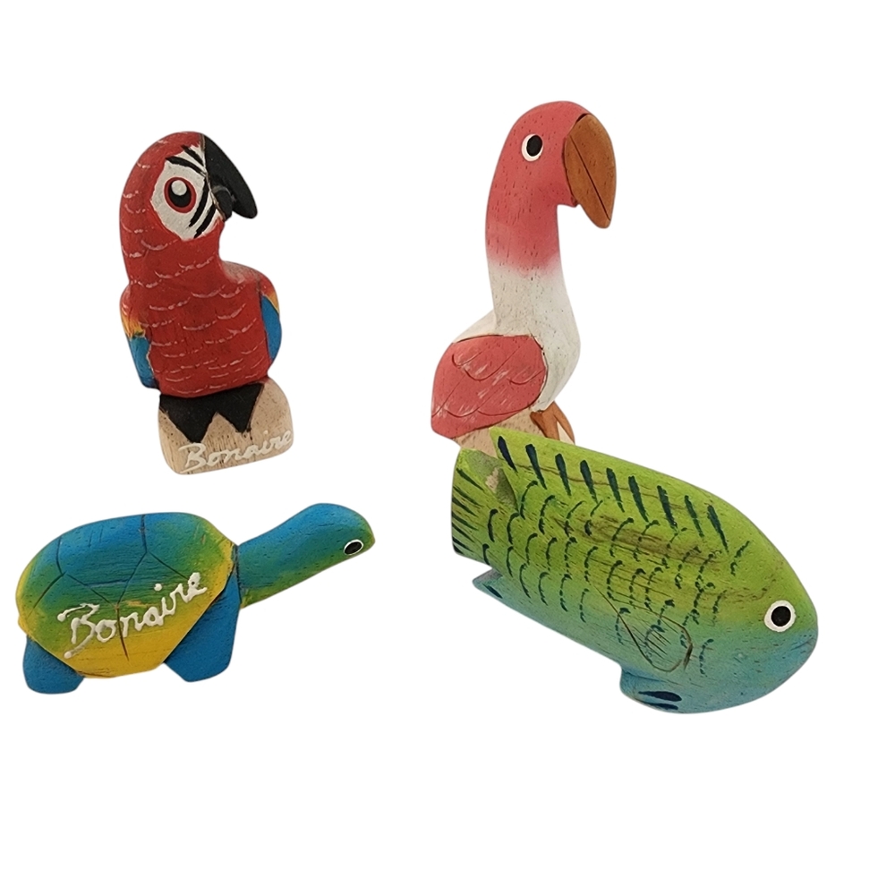 Balsa wood hand carved hand painted Parrot Fish Tortoise Flamingo figurines - 4